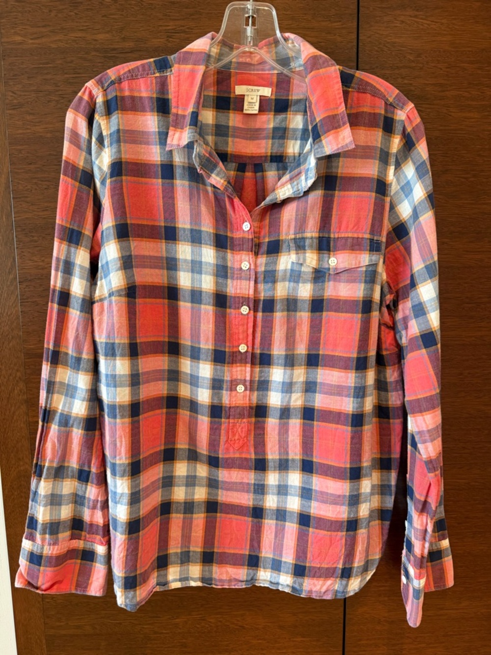 J Crew long sleeve Orange & Navy Plaid 3/4 Henley Button front woven shirt.